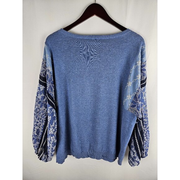 Chico's Embroidered Eyelet Sleeve Blue Sweater Size XL Knit Bateau Neck Boho - Picture 4 of 9